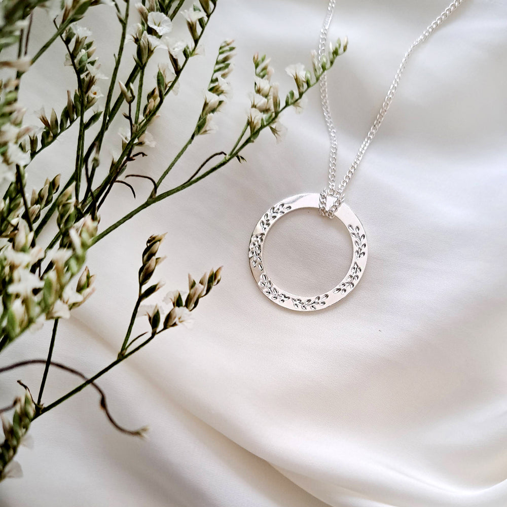 Circle necklace- Leaves Engraved circle necklace, Christmas Wreath Gold / Silver