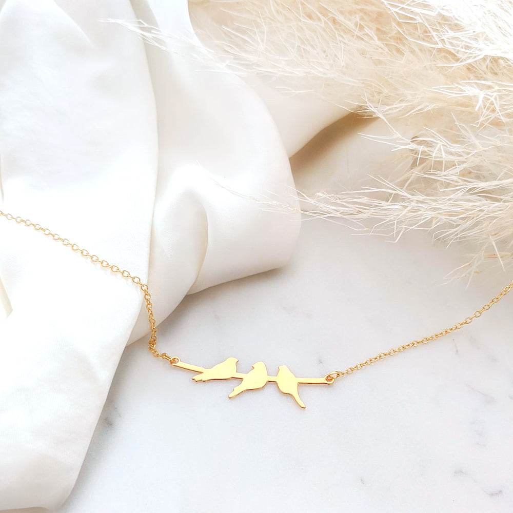 Gold Three birds on a branch - hand made jewellery