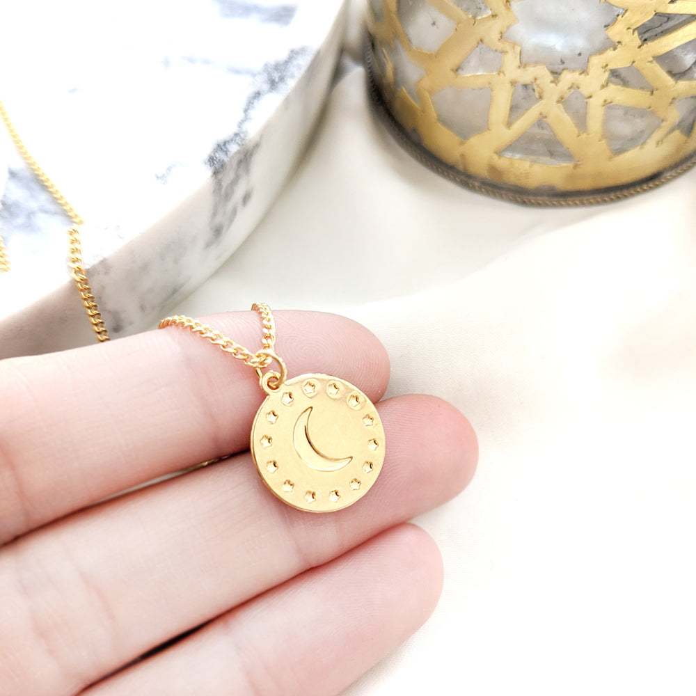 
                
                    Load image into Gallery viewer, Moon and stars Medallion Coin Necklace Gold / Silver - Shany Design Studio Jewellery Shop
                
            