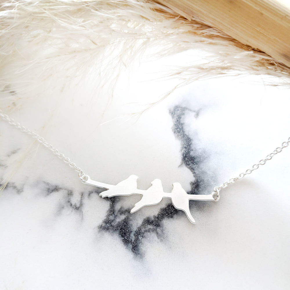 Three birds on a branch pendant silver necklace