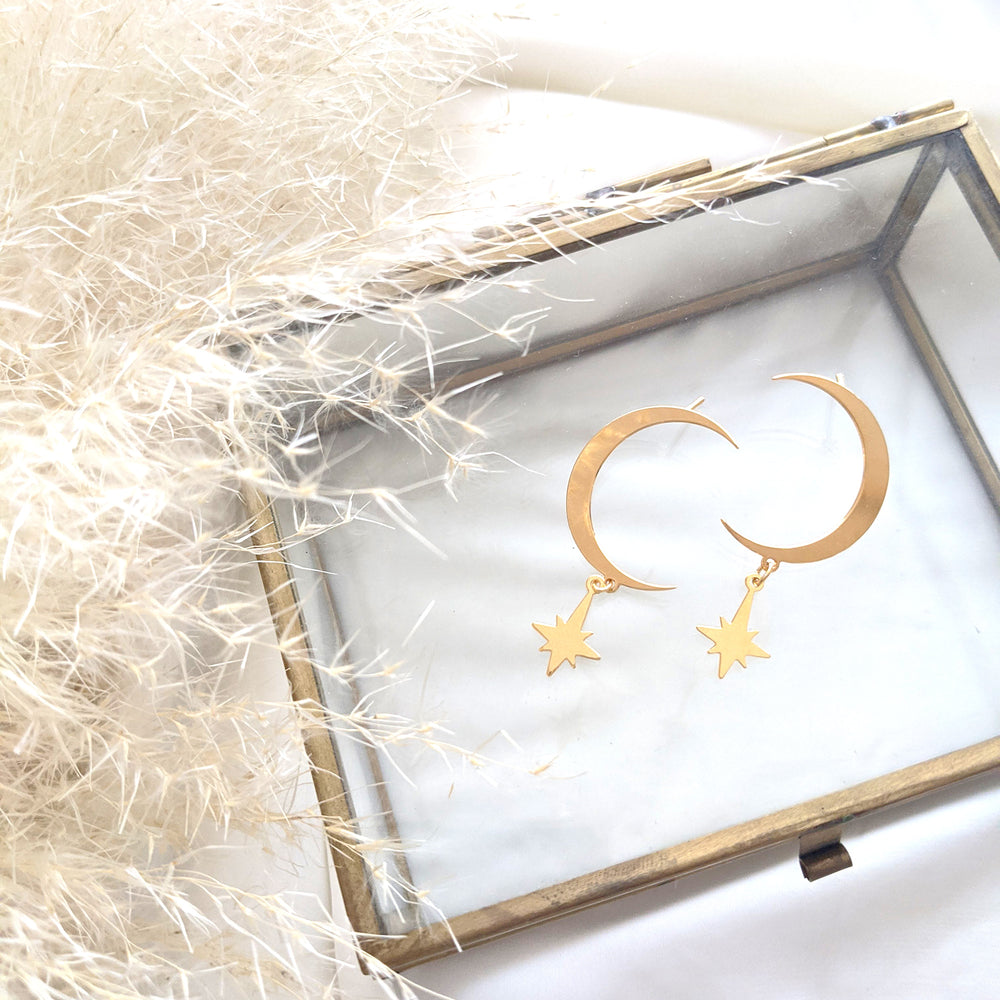 Moon with hanging star Studs Earrings gold